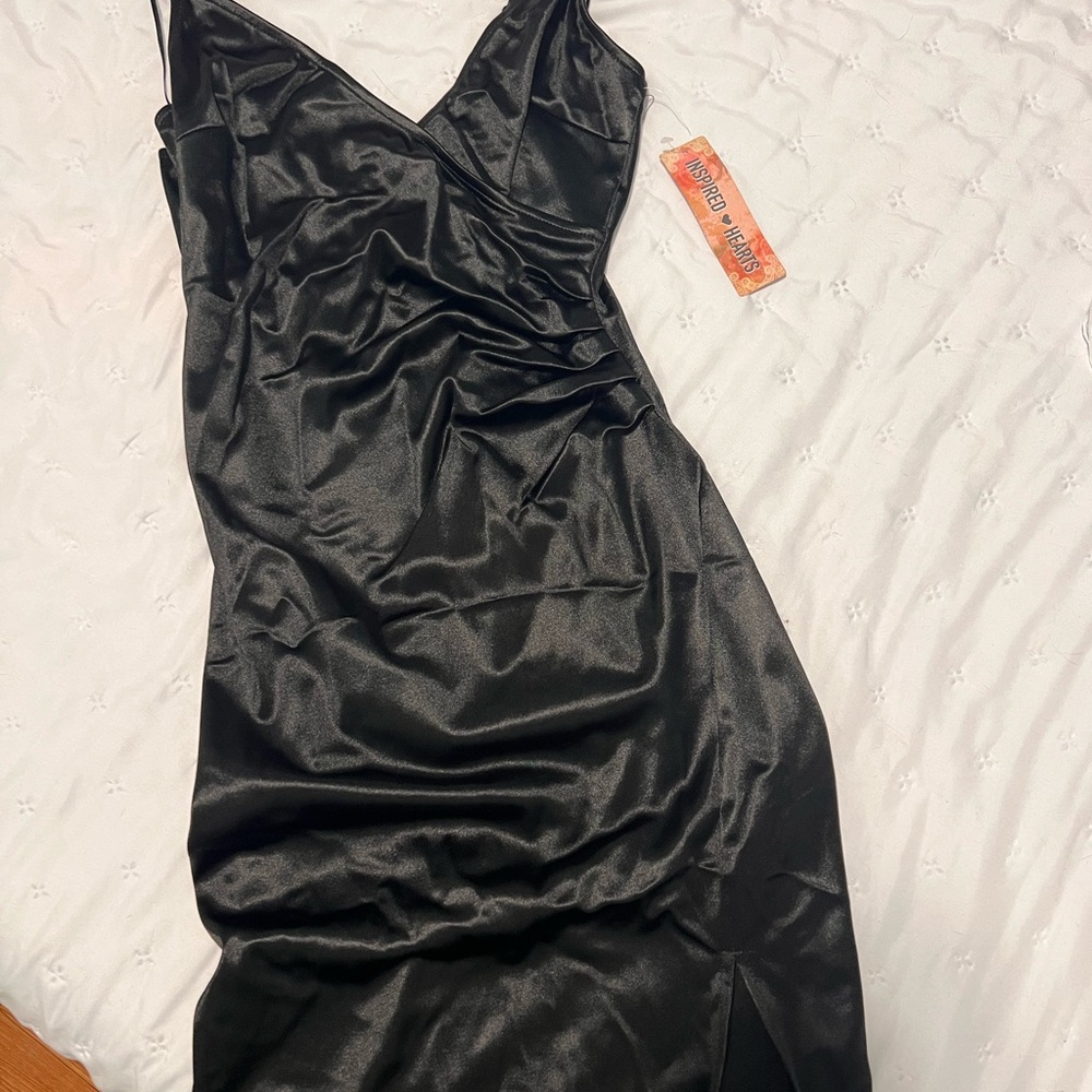 Inspired Hearts Black Satin Midi Dress